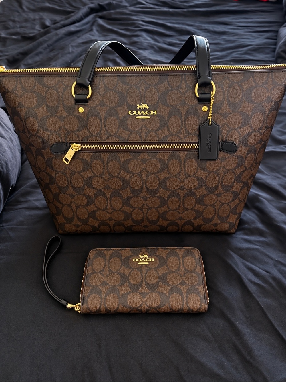 Coach Brown Monogram Tote with Black Trim & Gold Hardware + Wristlet
